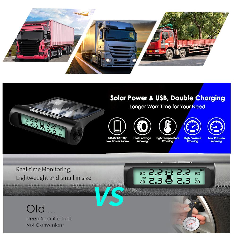Солнечная зарядка через USB TPMS автомобильный датчик давления в шинах цифровой дисплей 4 внешних датчика водонепроницаемый датчик давления в шинах предупреждение о температуре