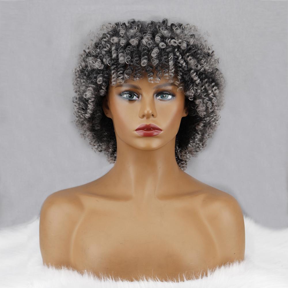 MISS WIG Афро-женщины из синтетического волокна, черный, коричневый, серый, странный вьющийся парик с челкой, африканский короткий вьющийся парик, косплей