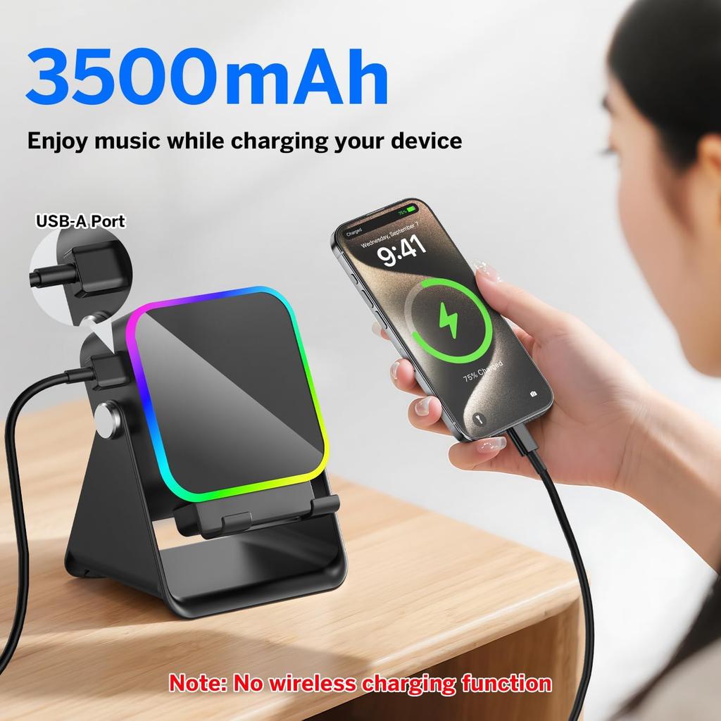 Беспроводная индукционная Bluetooth-колонка 5-в-1 с подставкой для телефона, стереозвуком, аккумулятором 3500 мАч, RGB-подсветкой, держателем на 360° – Подарок для мужчин и женщин