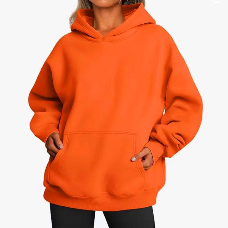 Women's Solid Color Fleece Hooded Sweatshirt - Autumn/Winter, Long Sleeve, Street Hip-Hop Style, Loose Fit, with Pockets.