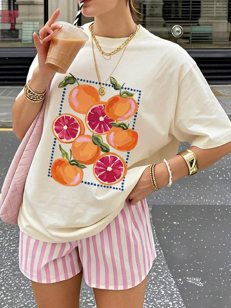 Graphic Tee Summer Casual Orange Print Round Neck Short Sleeve Tshirt Versatile Tops Ideal For Summer Daily Wear And Going Out