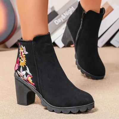 2024 Новое поступление: женские ботинки челси с вышивкой в этническом стиле на толстом каблуке и туфли на платформе с высоким каблуком