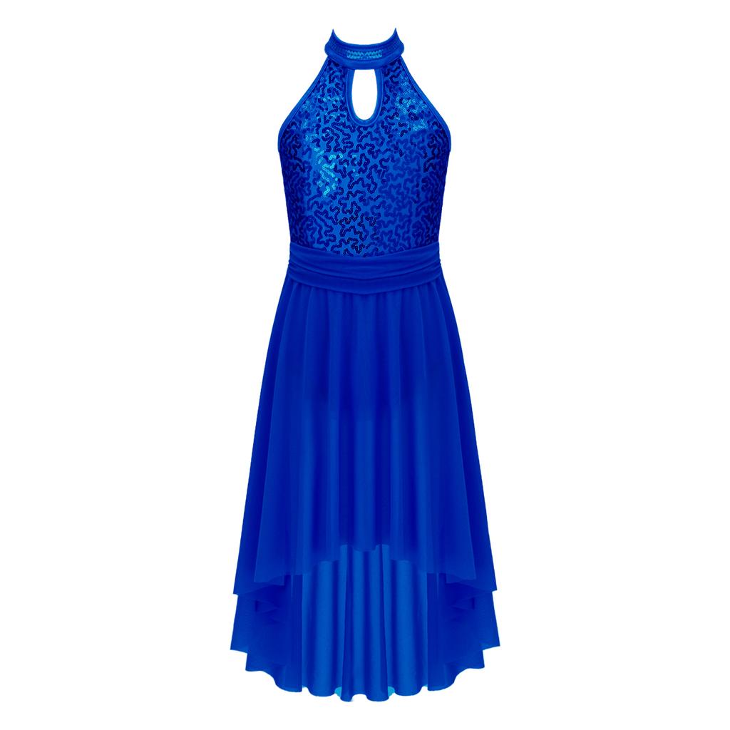 Танцевальное платье для девочек без рукавов с открытой спиной, круглым вырезом, блестящими пайетками, неровным подолом, дизайном вуали