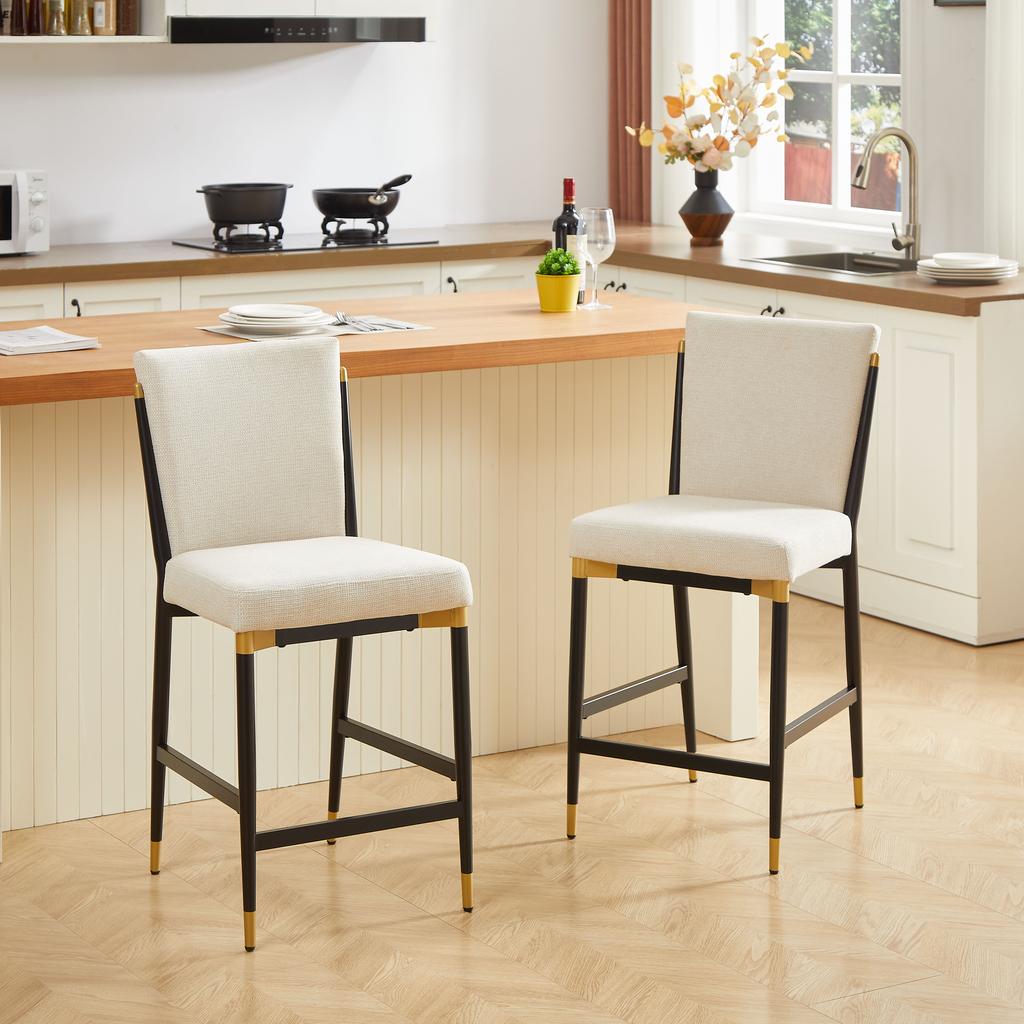Set of 2 Bar Stools, Scandinavian Style with Rectangular Footrest, Black-Gold Accent Frame and Cream-Colored Fabric Cushion for Kitchen Island/Bar