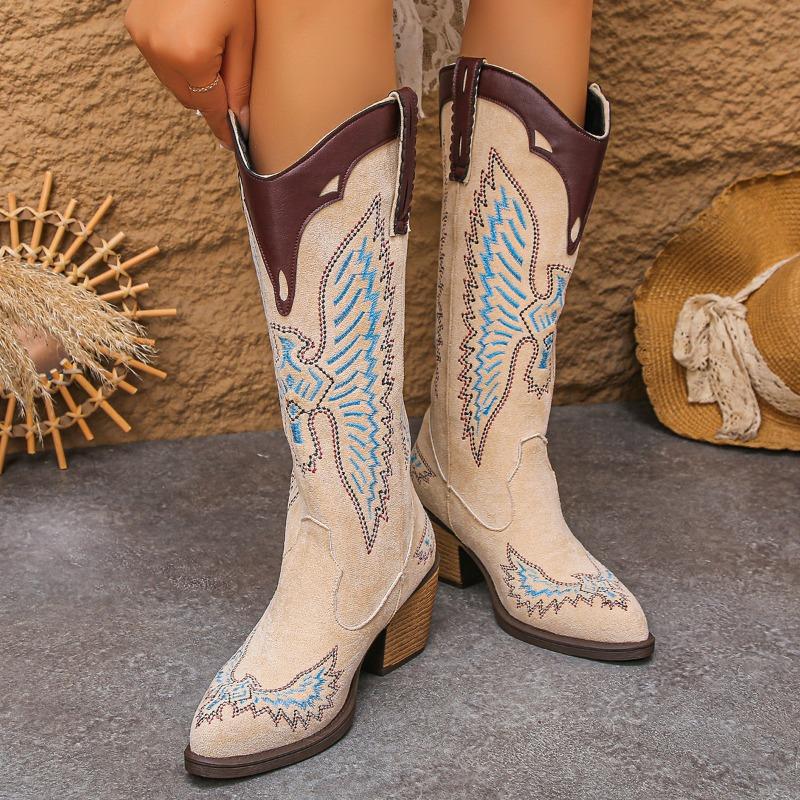 Fashion Retro 2025 Plus Size Women's New Embroidered Mid-leg Boots