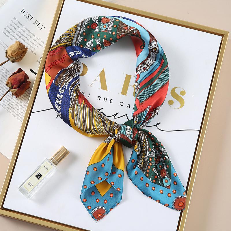 Luxury Spring New Imitated Silk Scarf Women Fashion 70cm Print Square Scarf Soft Satin Headband Shawl Wrap Hijab Foulard Ribbon