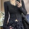 A Sweet Lace Patchwork Long-sleeved Knitted Cardigan for Women's Autumn and Winter, A New Fitted Bottom Layer
