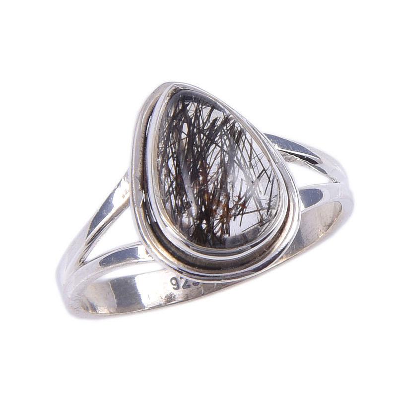 Кольцо из чистого серебра 925 пробы с натуральным черным рутилом ручной работы S.7 P1D66