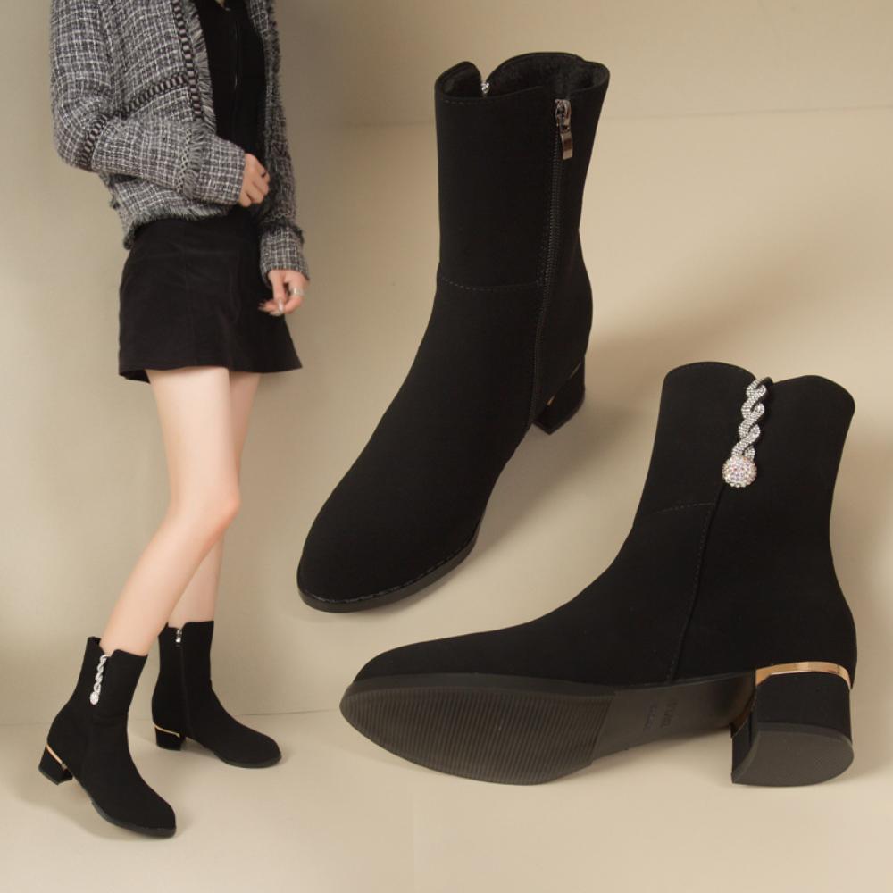 Ботинки Женские средние ботинки Грубый каблук Матовые меховые ботинки Женские ботинки Короткие ботинки