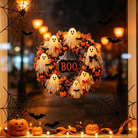 Artificial Fabric Wreath Halloween Boo Ghost Wreath, Spooky Door Hanging Decoration with Pumpkins Decorative Fall And Spider Webs for Front