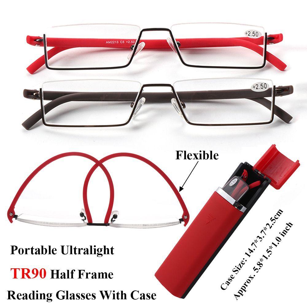 with Case Ultralight TR90 Reader Eyeglasses Half Frame Semi Rimless Reading Glasses