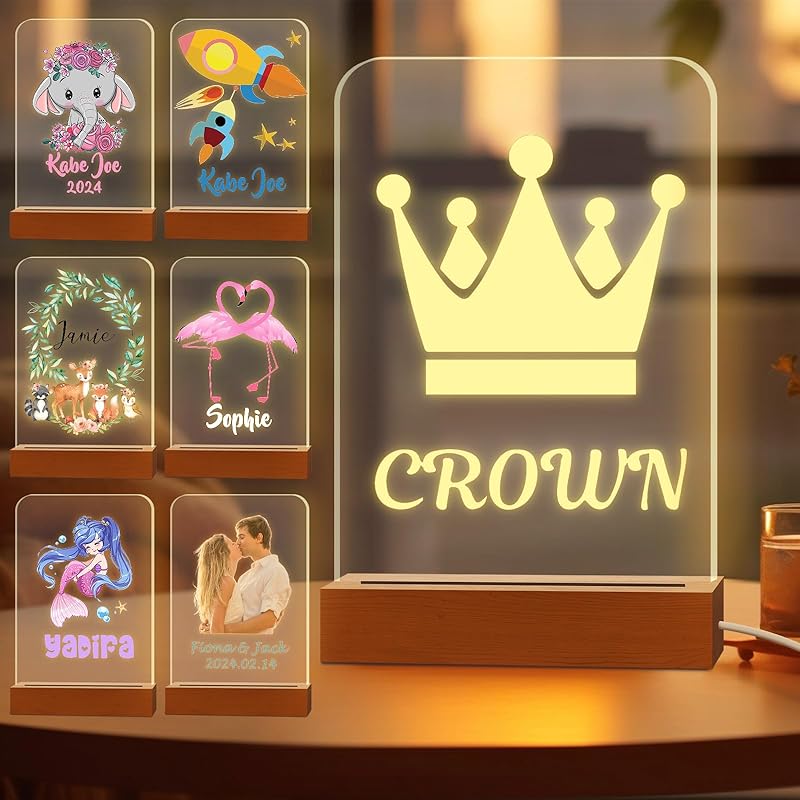 Персонализированный ночник для детей, выгравированное имя, акриловые светодиодные лампы с деревянной основой для детской спальни, декоративный ночник, индивидуальный день рождения