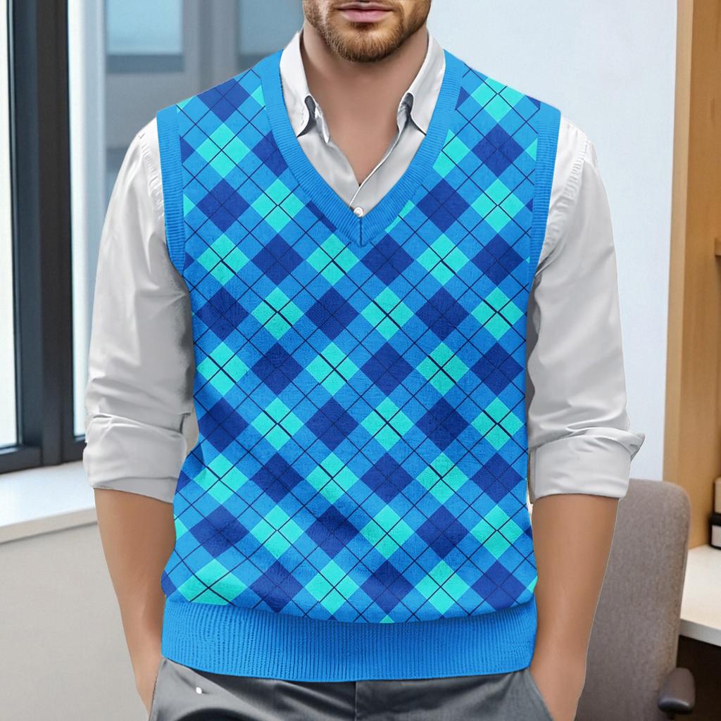 Мужской жилет без рукавов с клетчатым принтом и V-образным вырезом, вязаный джемпер