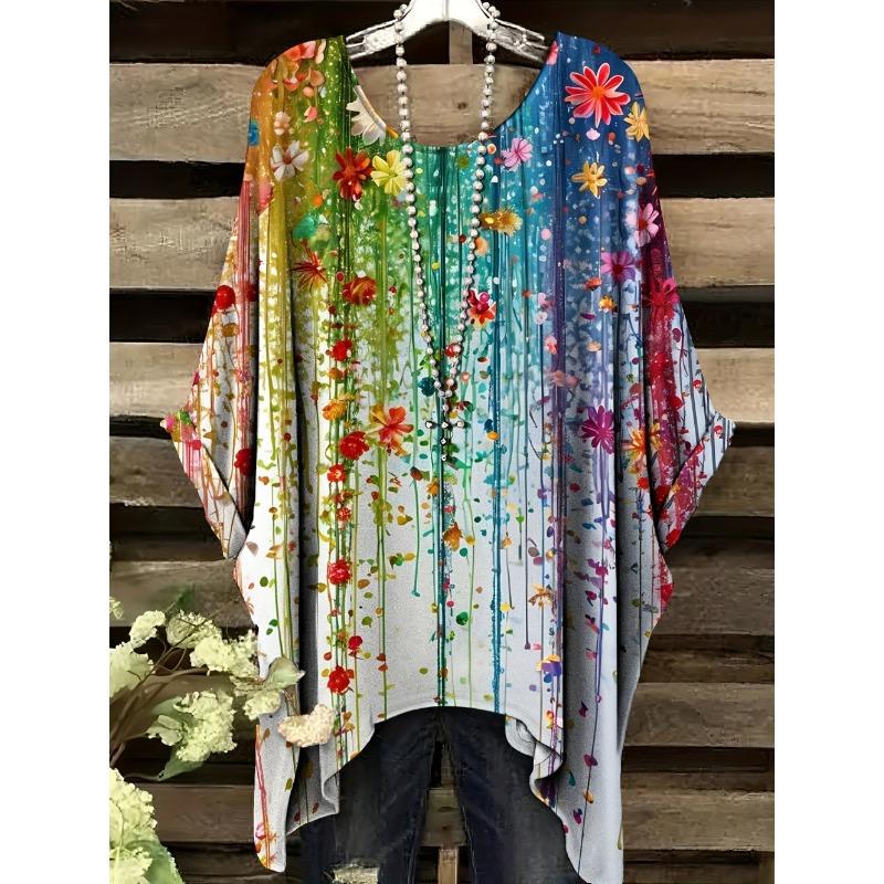 2026 Женская футболка Винтажный цветочный узор Принт Асимметричный подол Круглый вырез Короткий рукав Топ Повседневная Мода Уличная На открытом воздухе Топы