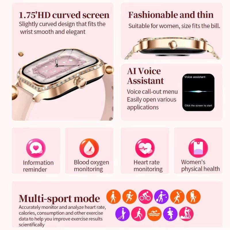 2025 New Fashion Smart 1.75" HD Display Watch Women AMOLED Curved Screen IP68 Waterproof Health Call Smartwatch Apple Watch Ladies for Lady Gift