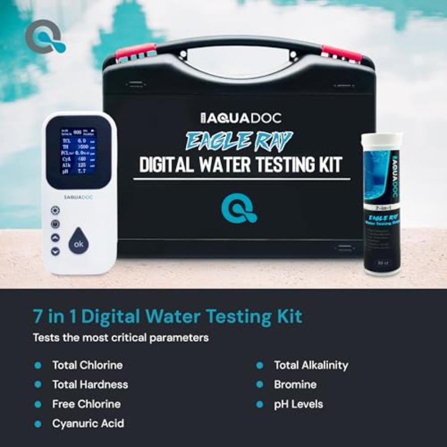 Цифровой набор для тестирования воды в бассейне Eagle Ray с цифровым тестером и 30 тест-полосками для определения хлора, брома, общей жесткости, циануровой кислоты