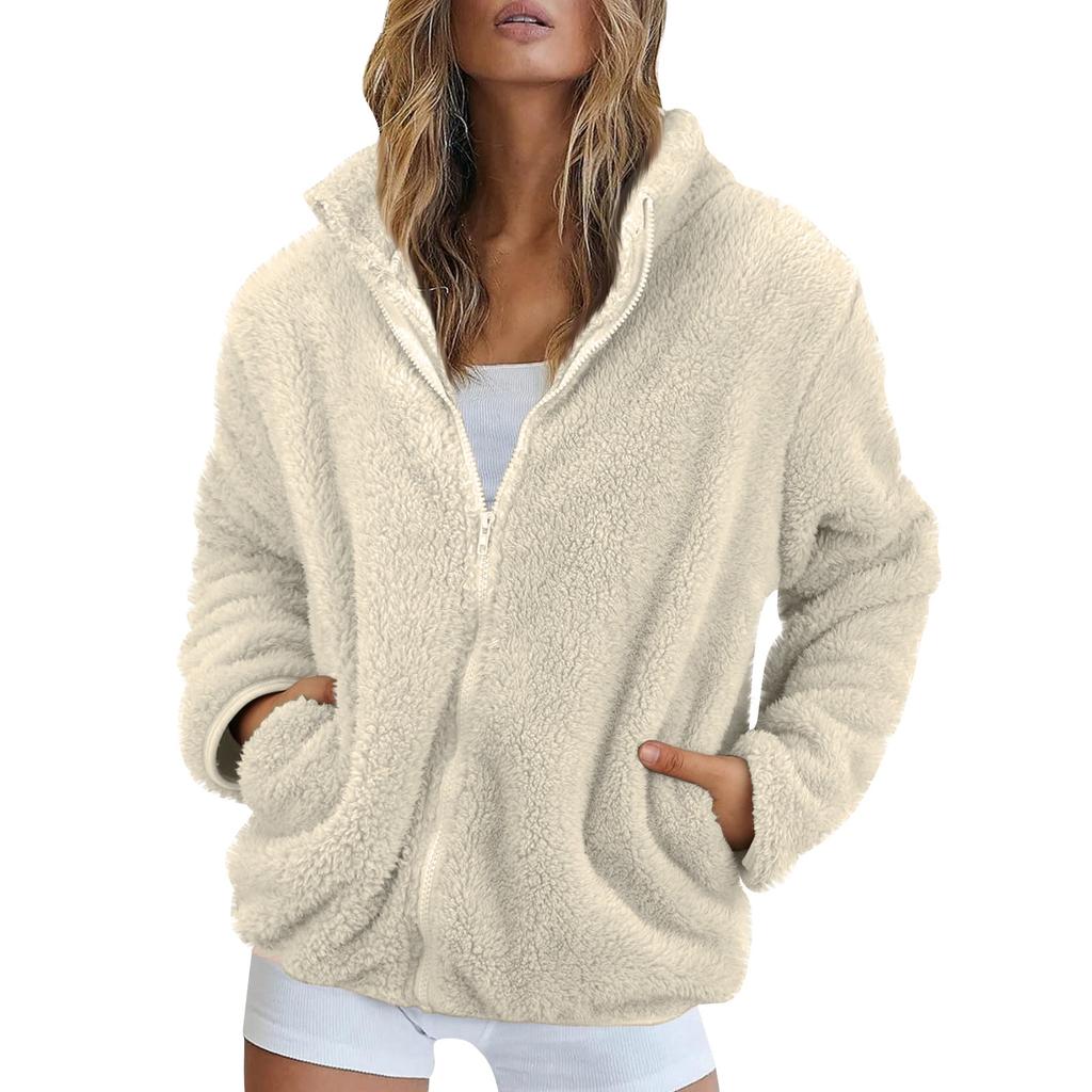 Women's Solid Color Fashionable Winter Loose High Neck Long Fleece Plush Warm Zipper Jacket