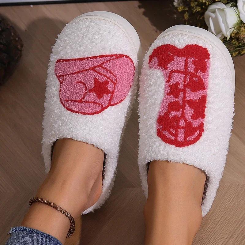 Fashion Winter Strawberry Pattern Women's Cotton Slippers Large Size Home Couple Fluffy Flip-Flops Leisure Plush Warm Flat Sole Slippers