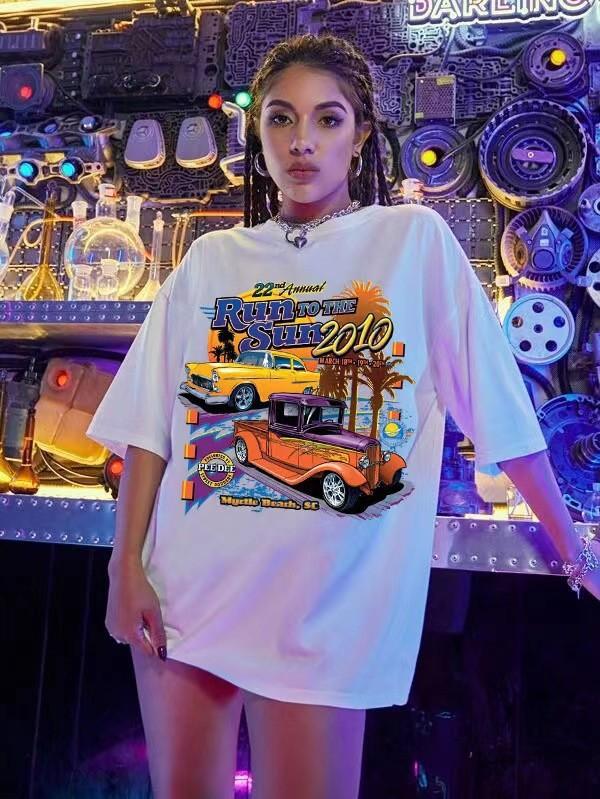 Loose-fit crew neck T-shirt with butterfly prints in European and American style, made of fashionable polyester fabric
