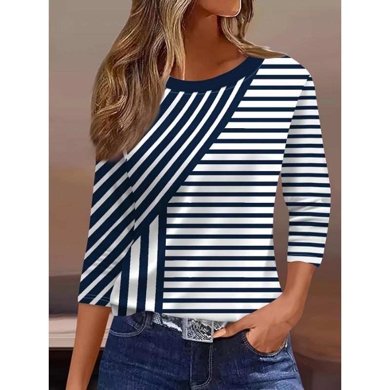 Women's Casual Long Sleeve T-Shirt - All-Over Vertical Stripes,Machine Washable, Regular Fit for Spring Summer Fall, Versatile Casual Wear