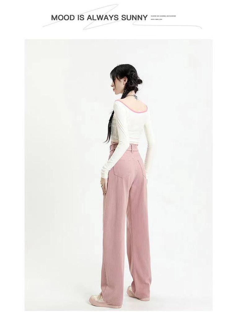 2024 Women's Dirty Pink High-Waist Straight Jeans - Loose, Slim Fit, Trendy Mopping Style