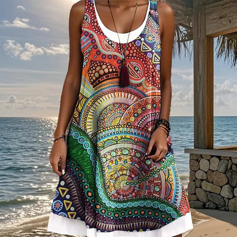 Женское платье из двух частей с имитацией розы в стиле ретро с принтом без рукавов и круглым вырезом, свободное, мягкое и удобное, большого размера