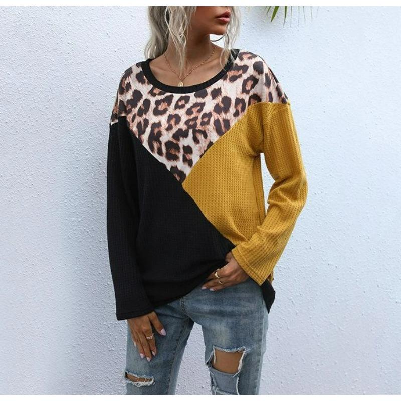 Леопардовый полосатый принт Осень Длинный рукав Женские футболки Модные повседневные топы Ежедневная свободная футболка с круглым вырезом Женская одежда