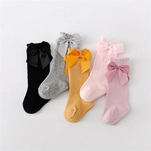 5 пар/упак. детские носки для девочек, хлопковые детские длинные носки с бантом, модные детские носки принцессы для девочек 0-7 лет, чулки 2023