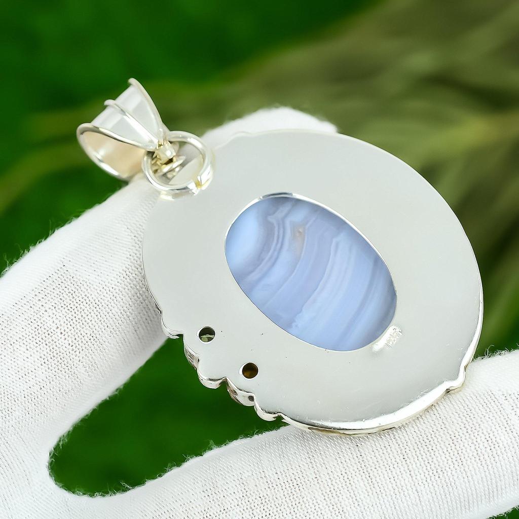 Friendship Day Sale Oval Natural Blue Lace Agate Citrine Pendant Sterling Silver