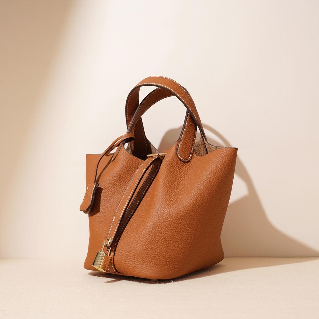 Genuine Leather Women's Bucket Bag Large Capacity Vegetable Basket Bag - NO LOGO