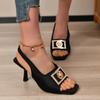 Черные сандалии с квадратным носком, женские, тонкие, летние, с открытым носком, со стразами, с металлической пряжкой на каблуке, после пустых туфель большого размера для женщин