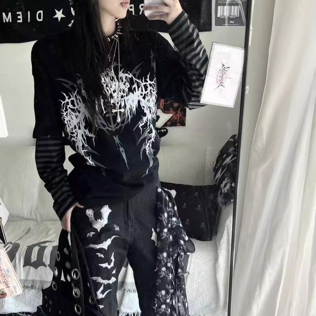 Поддельные футболки из двух частей в полоску в стиле пэчворк Y2k, эстетика, повседневная свободная футболка с принтом в стиле Харадзюку, готическая уличная женская футболка в стиле гранж