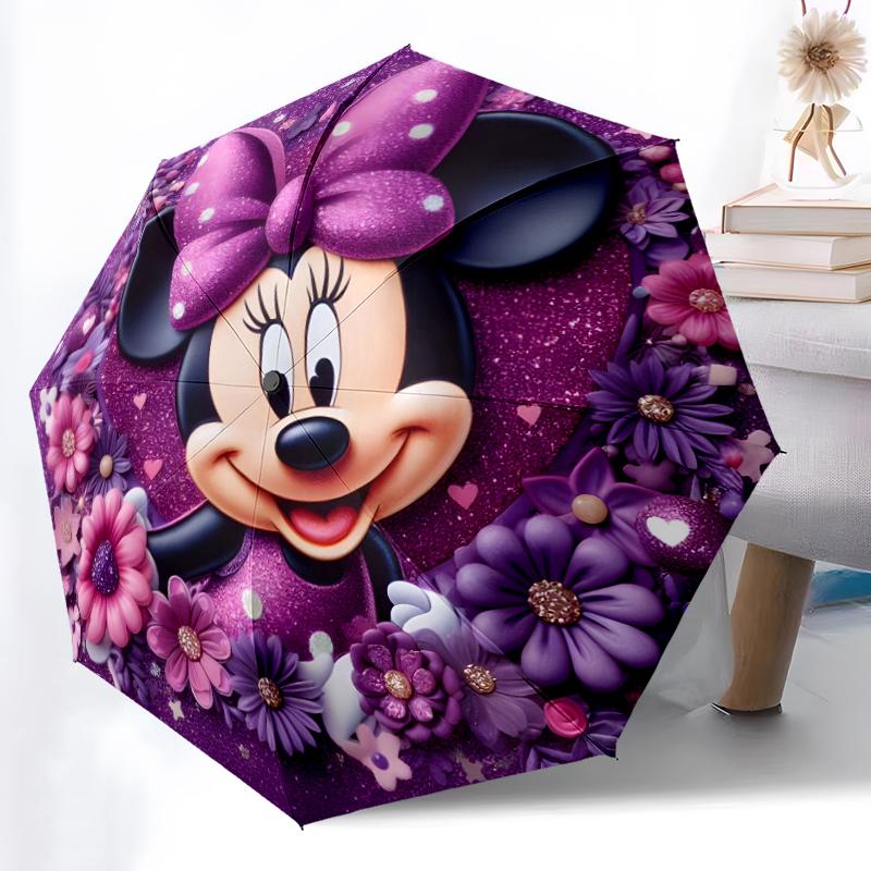 1pc Sturdy 8-Bone Auto Umbrella, Minnie Mouse Pink Sparkle Floral Umbrella, Digital Printed, Foldable Umbrella for On-the-Go Outdoor Use