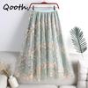 Women Elegant Embroidery Flower Tulle Skirt Sweet Elastic Waist Midi Floral Mesh Skirt For Spring Summer QT2166
