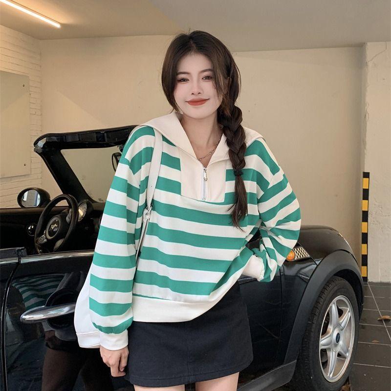 Повседневная полосатая толстовка с темно-синим воротником, женская осенняя корейская версия, дизайнерская свободная пуловерная рубашка большого размера с длинным рукавом, оригинальные женские топы