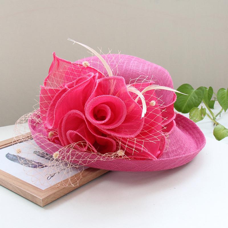 European and American temperament linen flower elegant banquet top hat spring and autumn solid color curled sun hat women's outdoor sunscreen basin h
