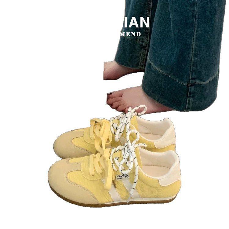 Женские желтые кожаные немецкие кроссовки: Новый весенний стиль 2025, Легкие, Универсальные, Тонкая подошва, Повседневная спортивная обувь для скейтбординга.