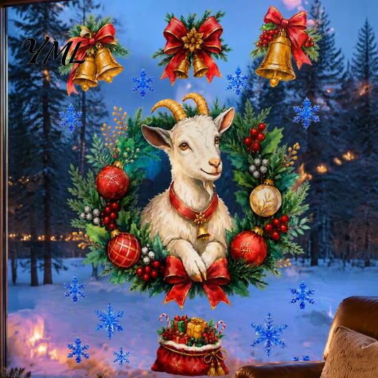 Snowflake Window Art Christmas Sheep Static Clings, Decorative 2027 Wreath Lamb Stickers with Decor Snowflakes And Bells, Removable Glass for
