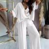 2-piece Set of Women's Casual Solid Color Long Pants Set with V-neck Bat Sleeves, Loose Top and Wide Leg Pants, Comfortable and Soft Fabric