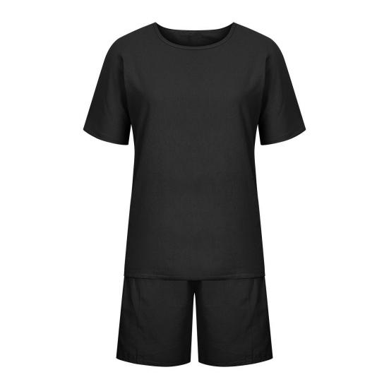 Yousheng Women's Cotton Linen 2-Piece Outfit Short Sleeve Crewneck Pullover Top And Shorts Set with Pockets Summer Casual Loungewear Tracksuit