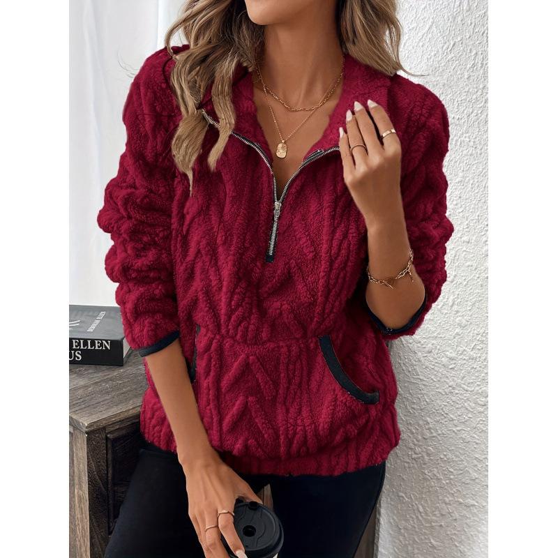 New Autumn Winter Lapel Jacquard Half Zipper Plush Pocket Short Sweatshirt Women