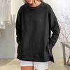 Women Sweatshirt with Zipper Slit Hem O Neck Mid Length Loose Pure Color