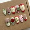 24PCS Cute Cartoon Red Apple False Nails Green Polka Dots Plaid Patterns French Fake Nails Tip Sweet Fruit Almond Nails Press On