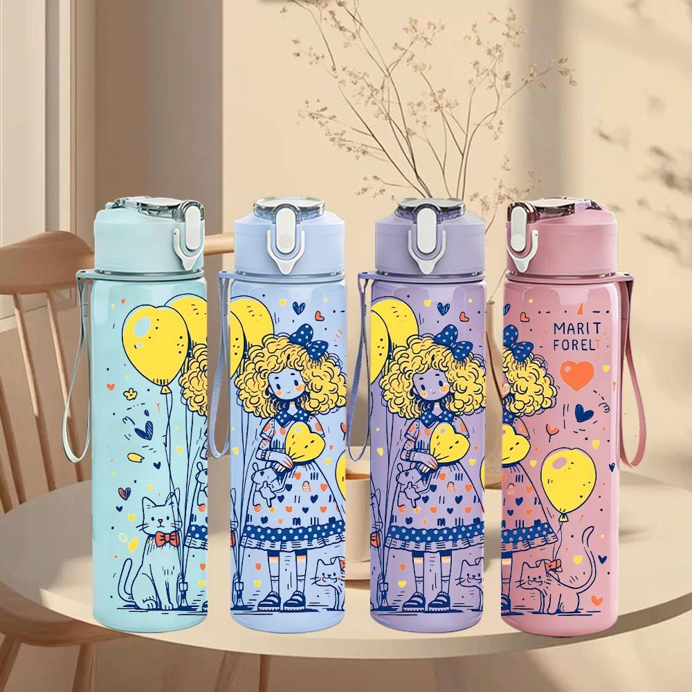 1 шт. Девочка Буквы Воздушные Шары Цитаты Искусство 750 мл Цветная Пластиковая Спортивная Бутылка для Воды Герметичная Крышка с Откидной Соломкой Подходит для Спорта Офиса Домашнего Использования