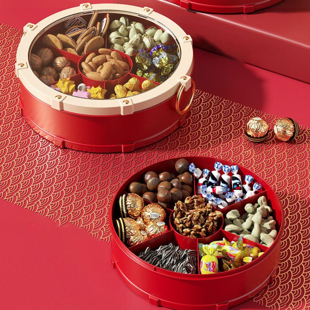 7-Compartment Drum Shape Nut Serving Tray Dustproof Round New Year Candy Box with Lid Sealed Fruit Plate Biscuit