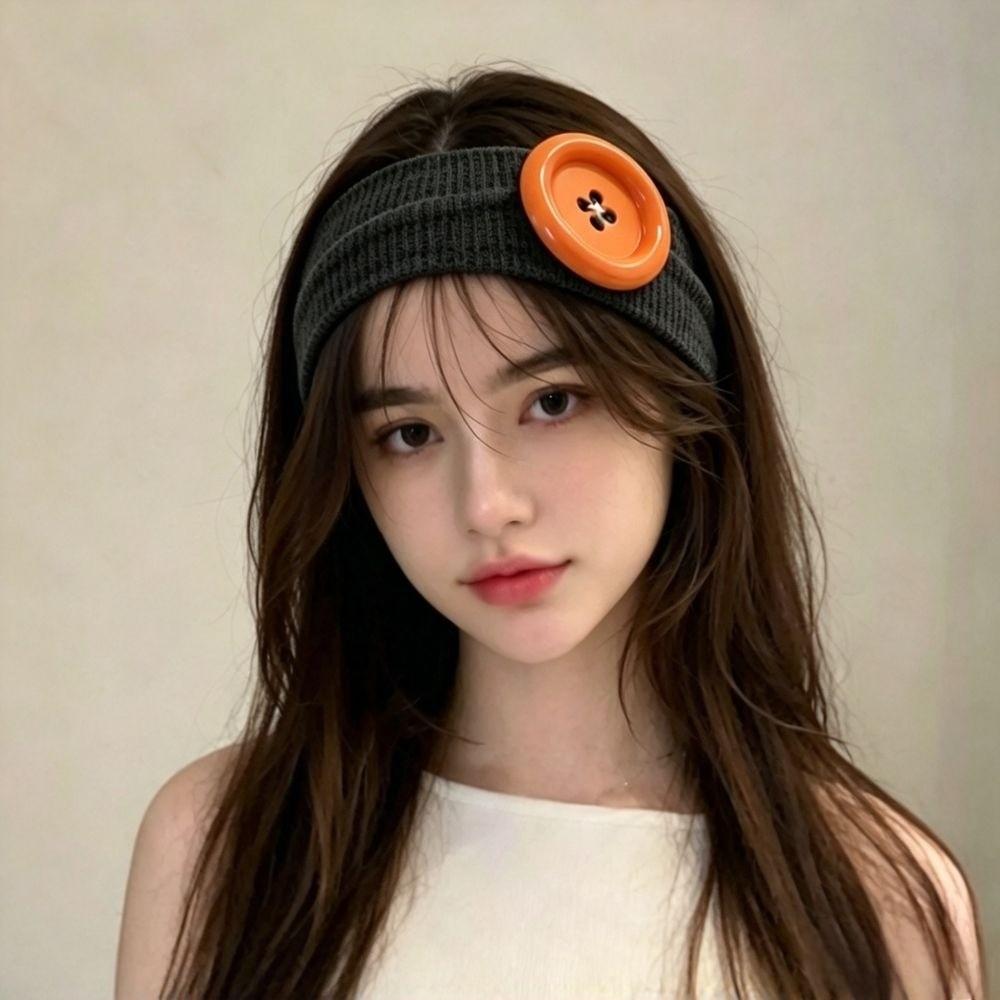 Wide Button Headband Ribbed Knit Knit Turban Band New Head Wrap Women