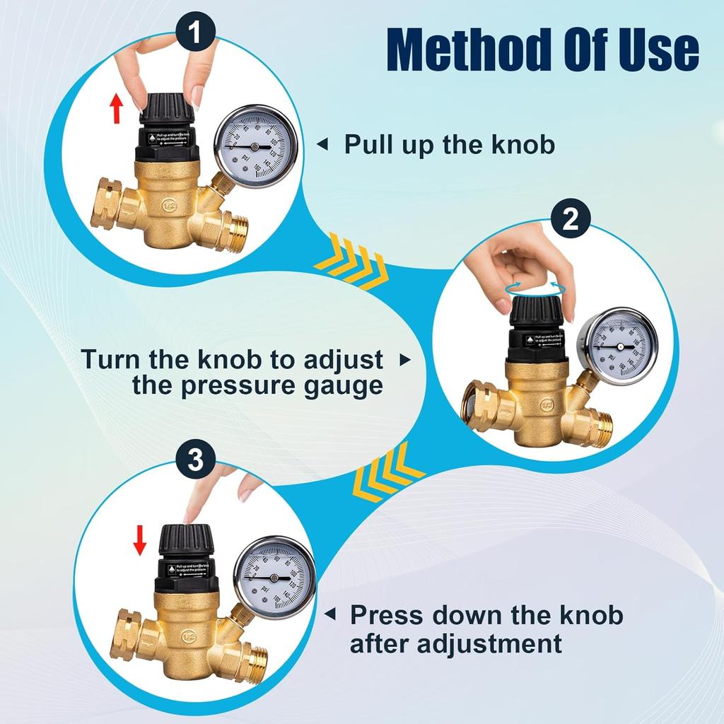 RV Water Pressure Regulator Valve For Camper, Regulate Valves With Strainer, Made Of Leadless Brass, RV Water Pressure Regulator With Pressure Gauge