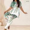 Women Plus Size Floral Printed Round Neck Short Sleeve Long Top And Fitted Pants Two Piece Set