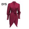 Women Formal Dress Business Style Turn-down Collar Long Sleeve Pure Color Slim Fit Lace-up Cross Cardigan Dress Spring Midi Dress OL Commuting Dress