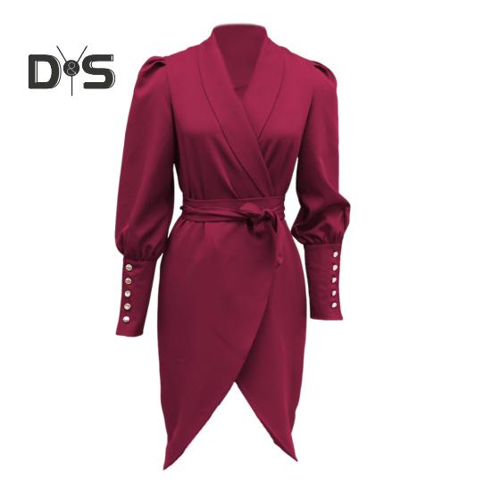 Women Formal Dress Business Style Turn-down Collar Long Sleeve Pure Color Slim Fit Lace-up Cross Cardigan Dress Spring Midi Dress OL Commuting Dress